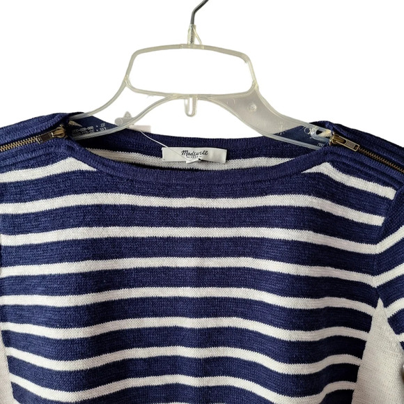 Madewell Small Striped Cropped Boatneck Shoulder Zipper Cotton Wool Sweater - Picture 7 of 14